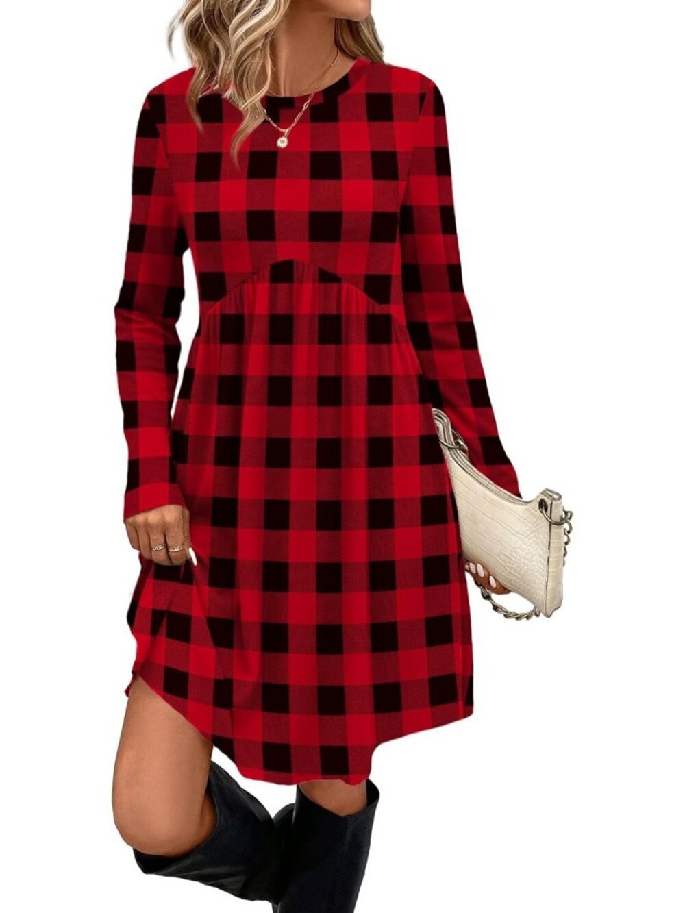 Women's Dark Red Plaid Sleeve Comfort Crew Neck Empire Waist Tunic Mini Dress